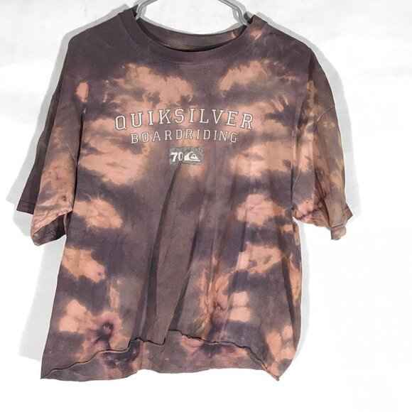 QUIKSILVER Tee Shirt Size Large Acid Wash Bleached T-shirt Crop Cropped Short - Picture 4 of 6